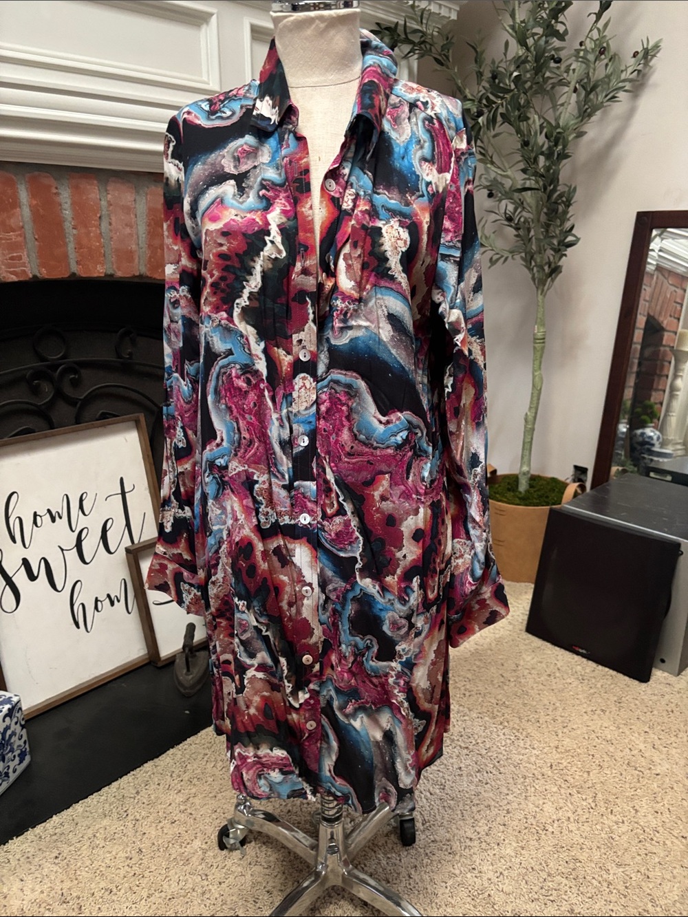 Karen Kane Abstract Marble-Print Button-Front Dress in Magenta, Blue & Black
